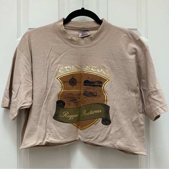 Oneita Crew Neck Cropped T-shirt 100% Cotton Neutral Color Made in USA - Picture 1 of 4